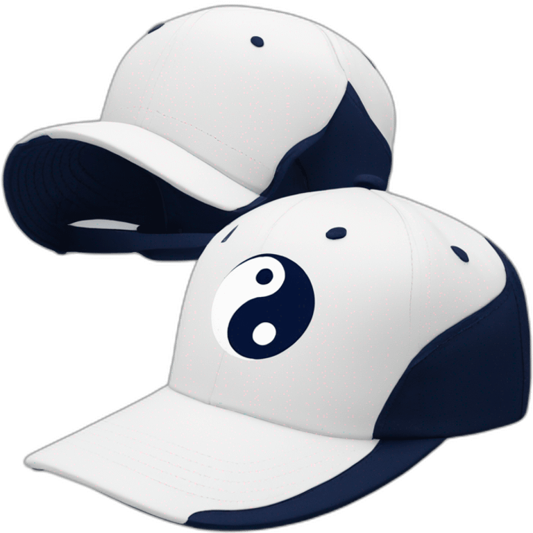 white baseball hat with yin yang symbol on front, navy blue brim emoji