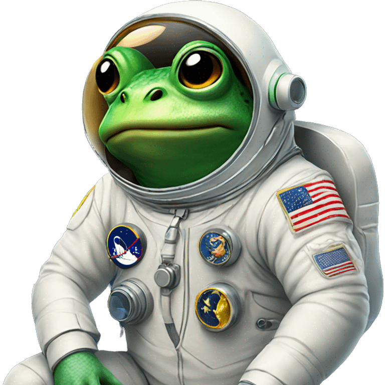 Frog wearing astronaut suit holding the moon emoji