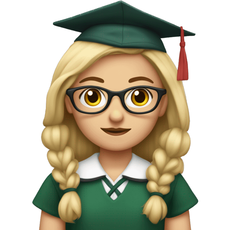 niña rubia, con ojos azules, con gafas rosas y con uniforme de colegio con falda de cuadros verdes y marron emoji