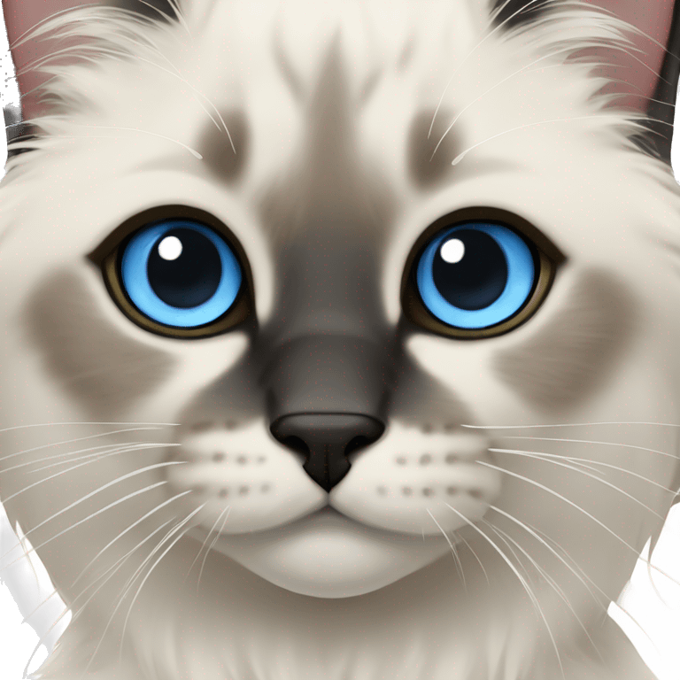  ragdoll cat with light blue eyes, center of face is black nose is black and also mouth is black, cute adorable emoji