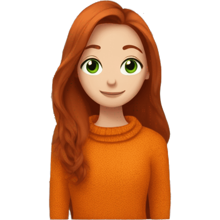 A dark redhead with straight long hair, a girl with green eyes in an orange sweater and a hot chocolate  emoji