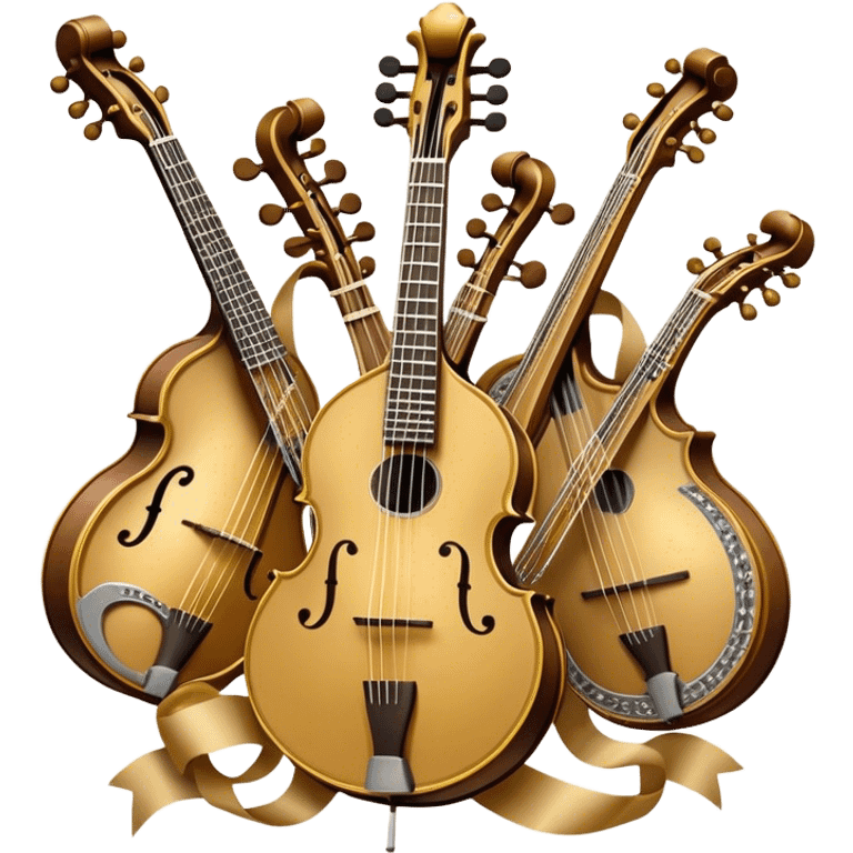 Create a grand, heraldic-style emoji collage representing plucked string instruments. The design should resemble a majestic emblem, featuring a collection of iconic instruments such as a banjo, mandolin, domra, sitar, and other plucked string instruments. Arrange the instruments symmetrically, with their necks and strings intertwining gracefully like a coat of arms. A flowing ribbon of musical notes should elegantly weave through the instruments, creating a sense of harmony and movement. The emblem should have a luxurious, golden and bronze color palette with intricate decorative elements, adding depth and a professional touch. Subtle lighting effects should highlight the polished wood and metal strings of the instruments. The background should be transparent, making the design adaptable for various uses emoji