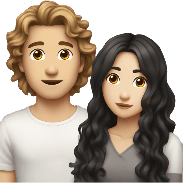 Make a guy that is young with brown hair and wavy medium  long hair  kiss a Asian white with medium long wavy black hair  emoji