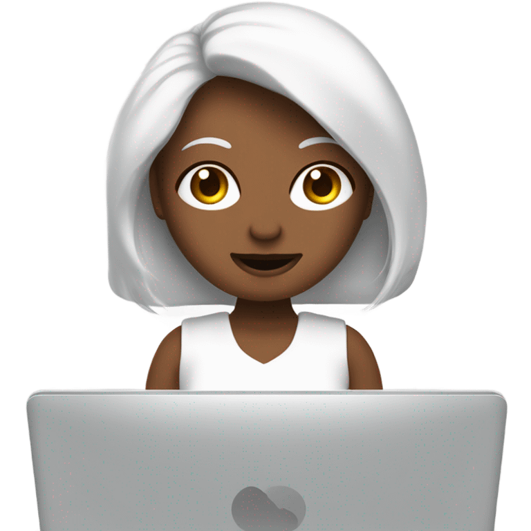 Web design qui porte un pc dans les mains. femme blanche cheveux mi long marrons yeux verts et taches de rousseur sur le nez emoji