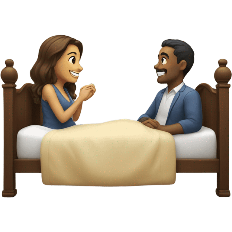 A man and a woman are lying on a bed, smiling and talking. emoji