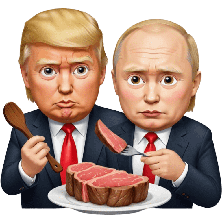 photorealistic Donald Trump and Putin eating a steak shaped like an piece of land emoji