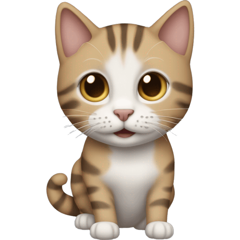  I would like an emoji of a cat with a light brown and gray coat. The cat has a tabby pattern with darker stripes and spots, especially on its legs and tail. The cat’s face has a light-colored snout, a dark nose, and expressive blue eye emoji