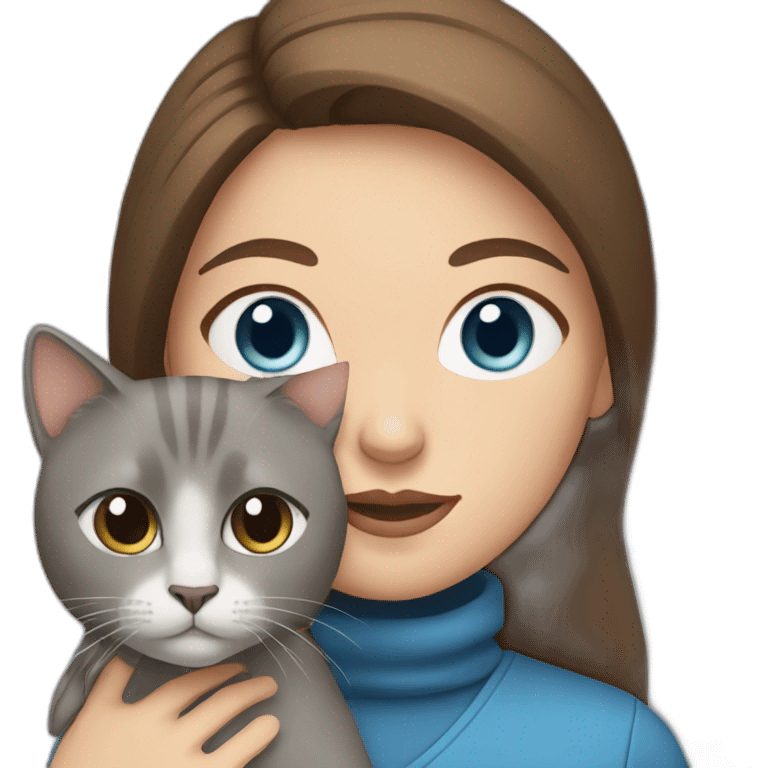 Woman with brown hair and blue eyes hold a grey cat emoji