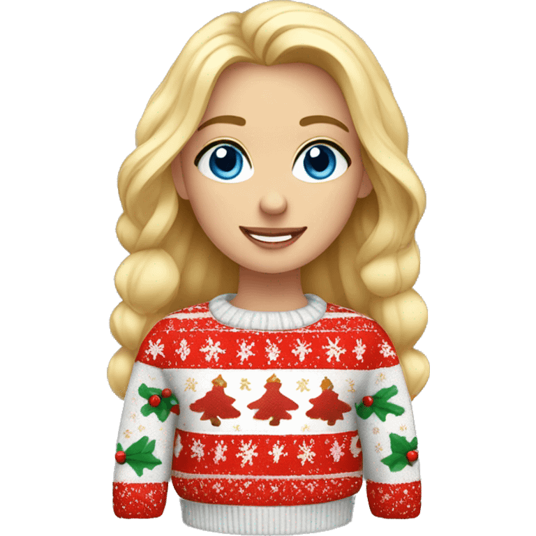 Blonde girl with blue eyes dressed in a cozy Christmas sweater emoji