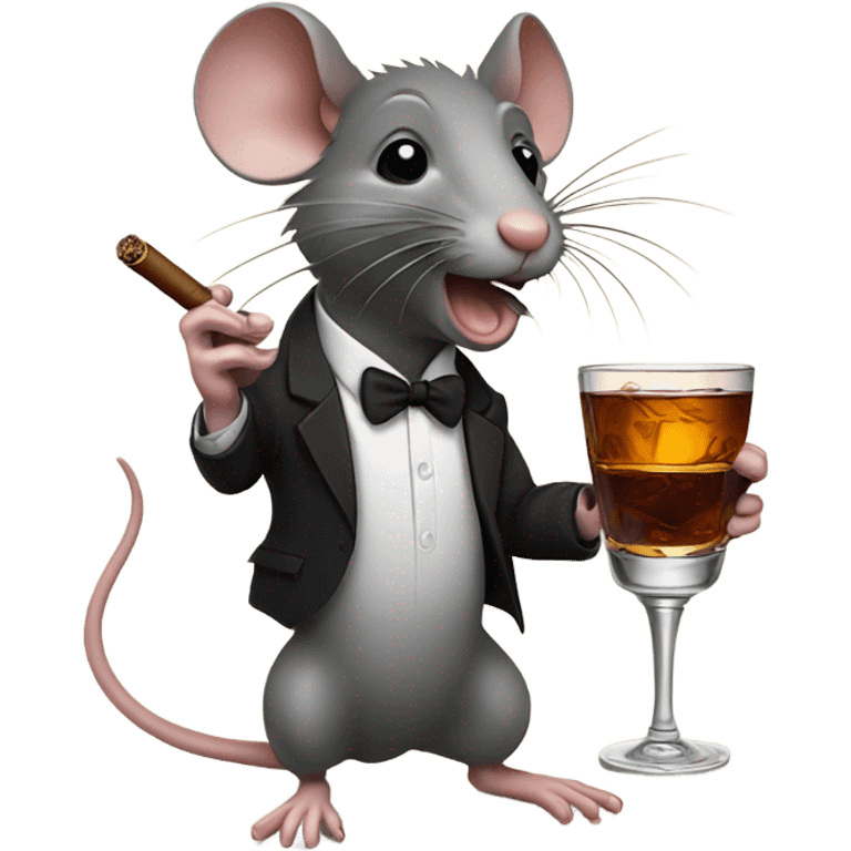 A rat, smoking a cigar and drinking a glass of bourbon emoji