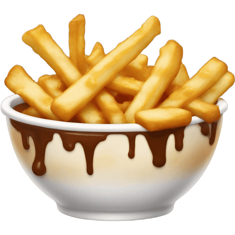 A bowl of fries with cheese curds covered in gravy emoji