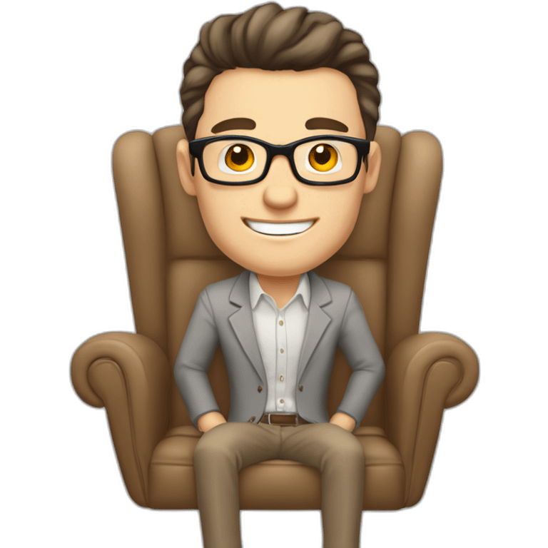 Joyful Pale skinned Fit Man With dark brown hair in gray jacket, beige office shirt, Brown pants and vintage glasses sitting In a soft chair. His thrumbs up emoji