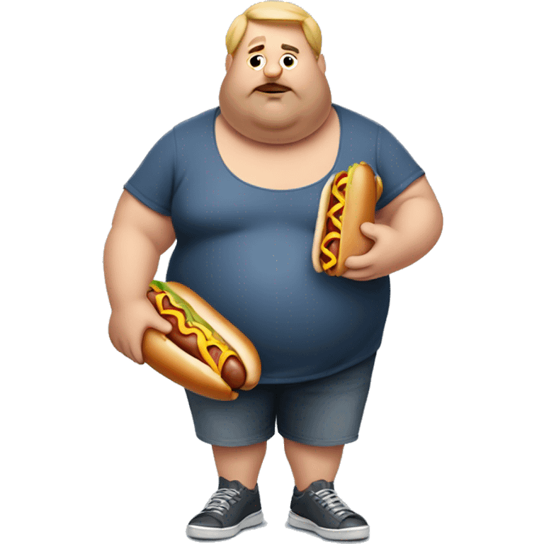 Fat man with poor posture holding a hotdog  emoji