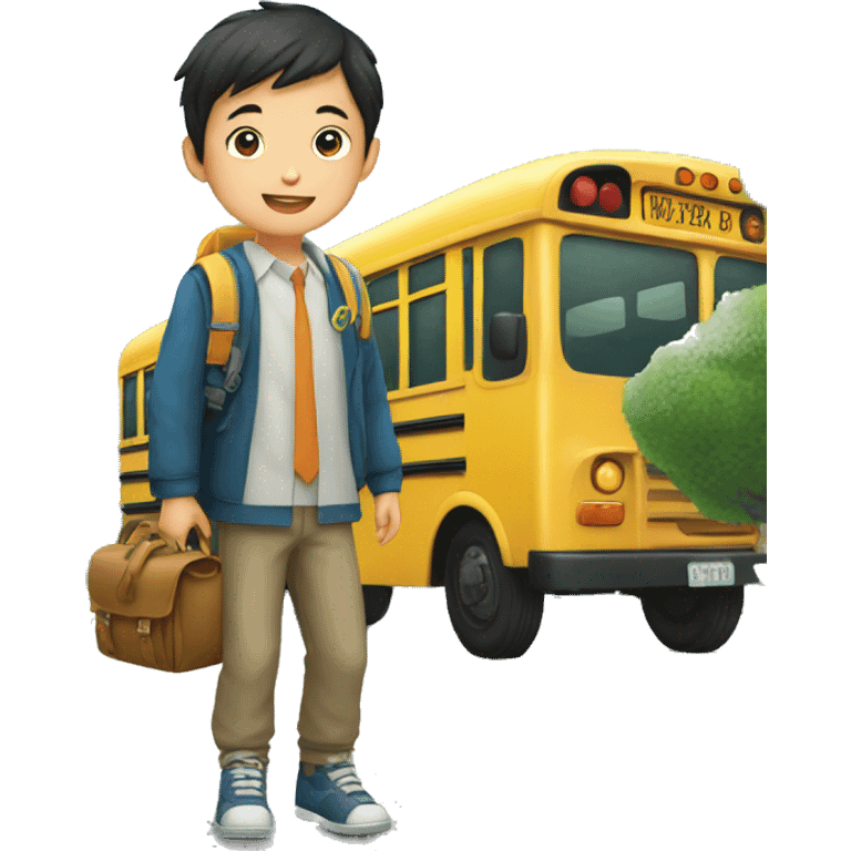 asian Boy going to school in bus emoji