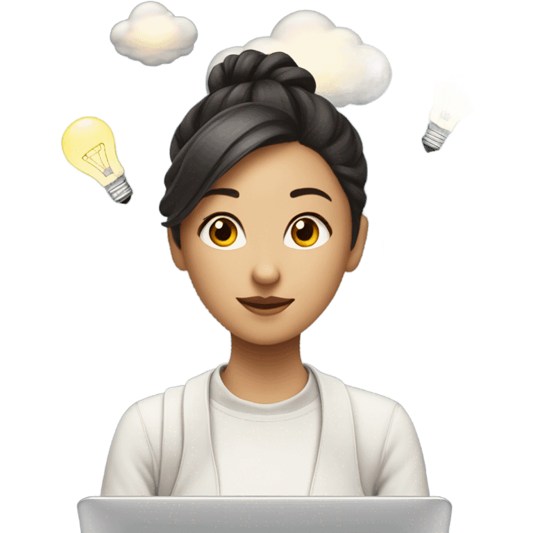 an asian girl with laptop with a bun hair, clouds and light bulbs in background emoji