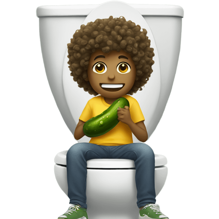 Boy with curly hair sitting on the toilet while eating a giant pickle  emoji