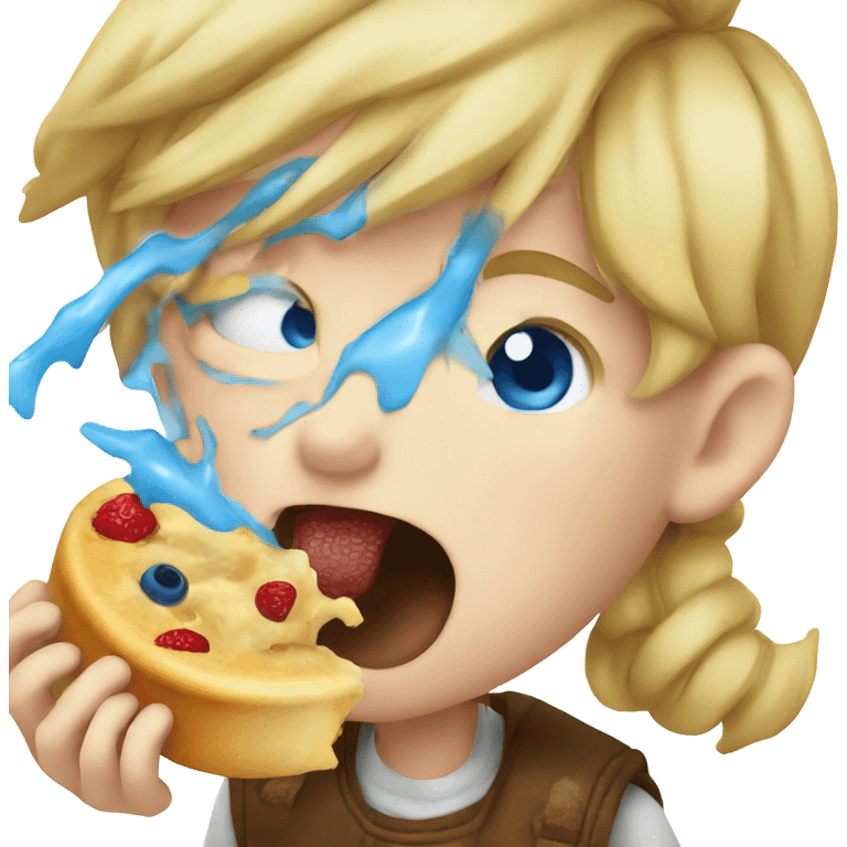 boy licking food with blue eyes pointing finger as a no emoji