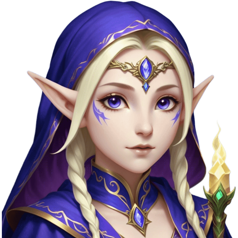 Cinematic Realistic WoW Elf Mage Portrait, head tilted epicly and inquisitively, showcasing a commanding presence and graceful arcane power. Her luminous, porcelain-like skin and delicate features, framed by an intricately detailed robe in deep blues and purples with golden accents, are rendered with lifelike clarity and dramatic, mystical lighting, high shine, epic and awe-inspiring, embodying the timeless magic of an elven mage poised to reshape destiny. emoji