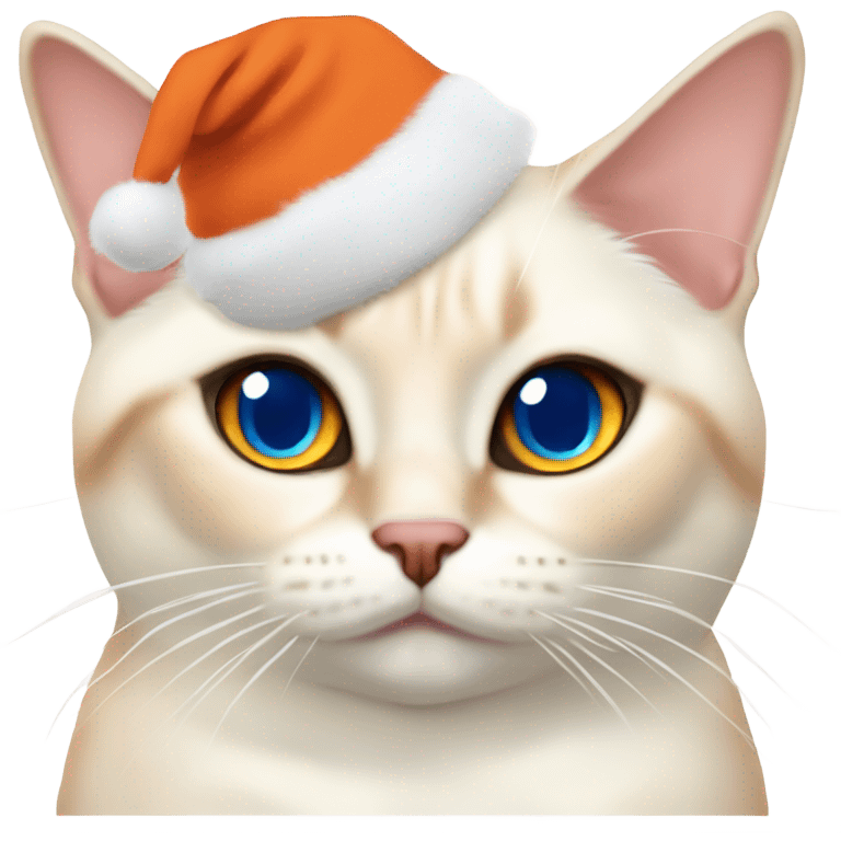 chubby flame point Siamese, white fur with orange accents and blue eyes wearing a red christmas hat  emoji