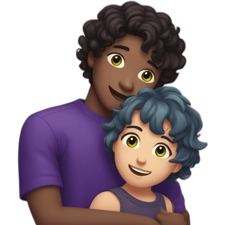 black short wavy hair boy and middle part bangs, with green-gray eyes, hugging a purple-blue short shoulder-length hair, slightly chubby brown eyed girl  emoji