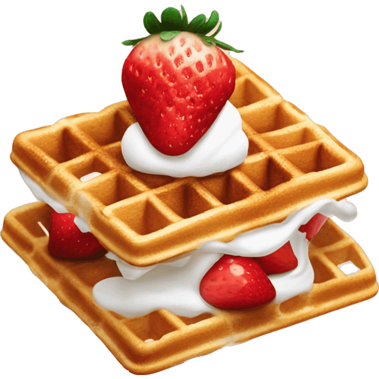 square waffle with dollop of whipped cream and strawberries on top emoji