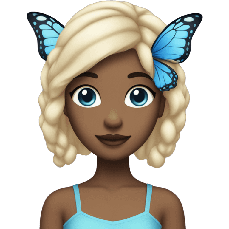 a girl with big black eyes and lightskin with jetblack butterfly cut hair and with blue fairy costume emoji