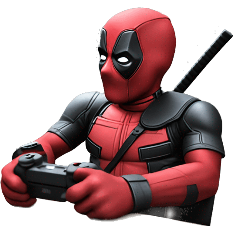 Deadpool holding controller sitting at a desk, front view emoji