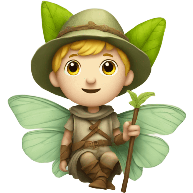 Medieval little whimsical boy who is pale and he has a leaf hat and is riding a butterfly emoji