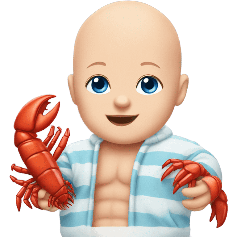 bald baby with blue eyes with stuffed lobster emoji