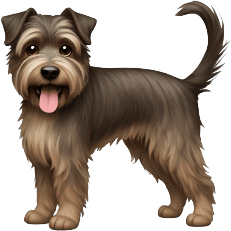 a dark brown haired brindle color terrier with crazy hair and long chin hair name Bon Jovi emoji