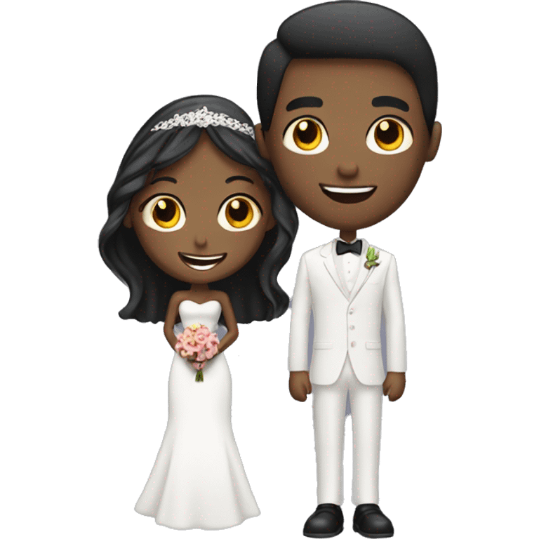 African Groom and bride. Tall Groom. Short bride. Black hair. Looking at each other. Smiling. Mouth closed. Up close. emoji