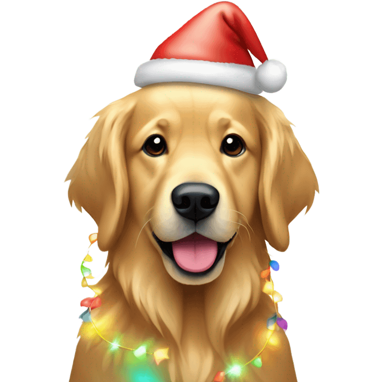 Golden retriever wrapped in multicolor Christmas lights and a Santa hat  emoji