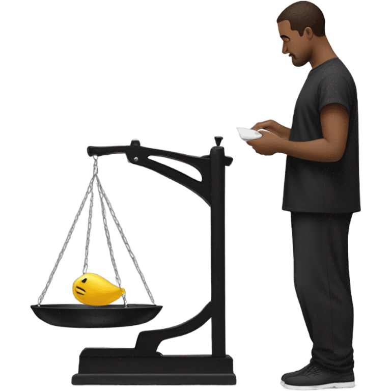 Man in black smock only weighing himself on scale emoji