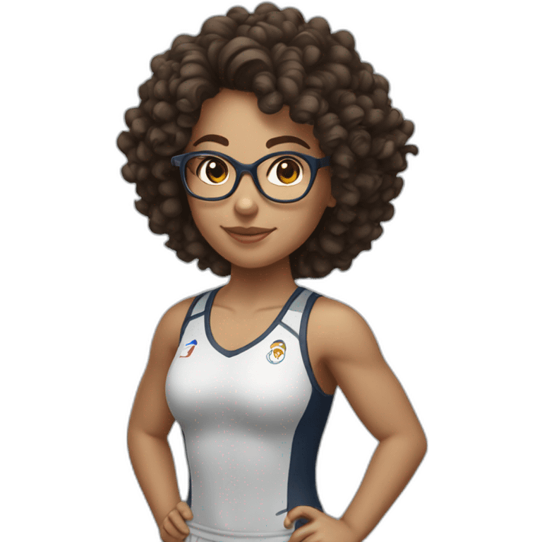 brunette girl with glasses and curly hair and sportif body emoji