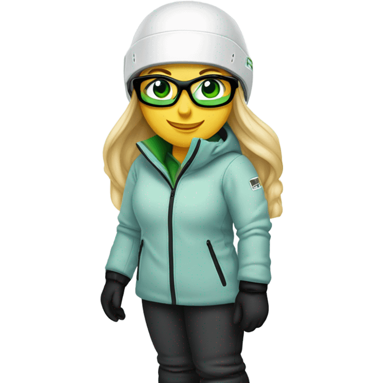 Green-eyed, fat female skier with long straight blonde hair, glasses, white ski helmet, grey snow jacket, long black pants, black only snow boots standing tall. emoji