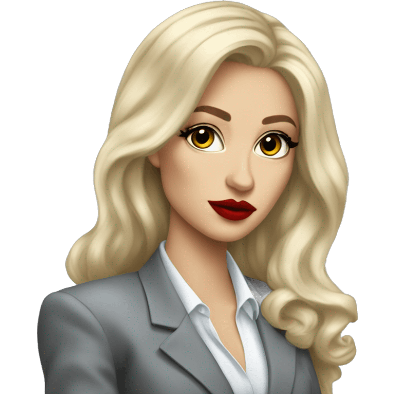 Russian Blonde long hair with big red lips small nose and black eyes Tiffany diamond seller in a grey suit emoji