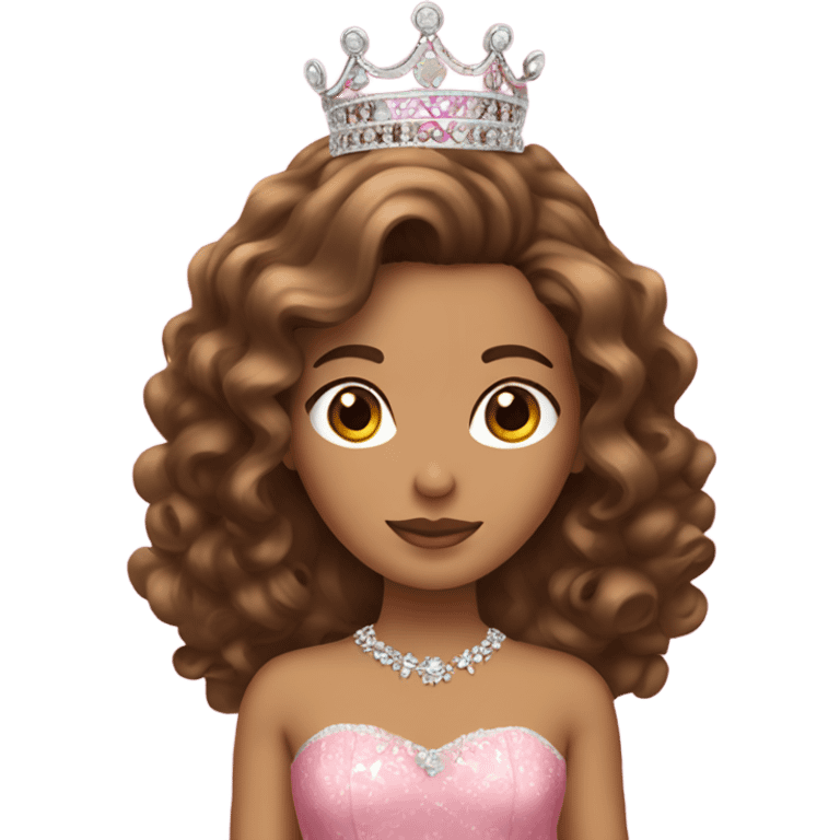 Quinceañera with pink dress, a crown and brown curly hair emoji