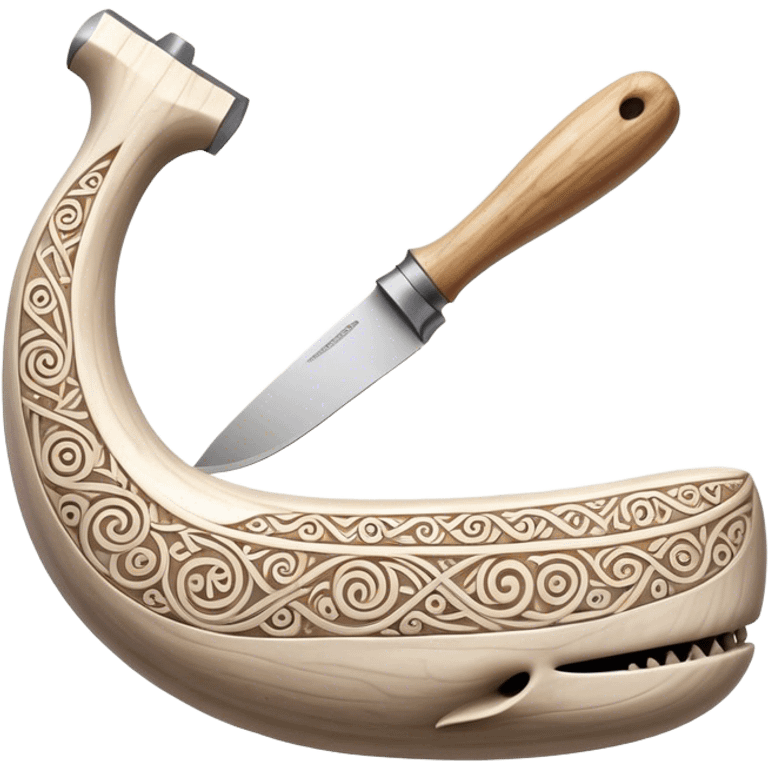 Scandinavian carving icon, whale bone with intricate Norse patterns, show chisels and carving tools, minimalistic style, clean lines, transparent background. emoji