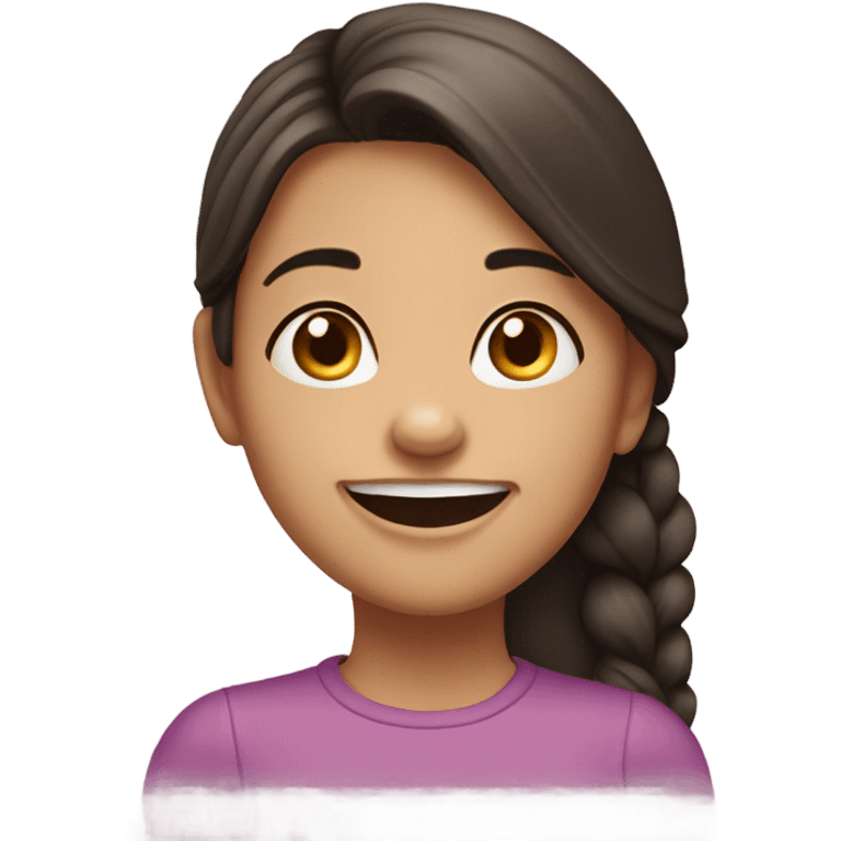 Young girl with straight, dark brown hair, smiling but missing her front tooth  emoji