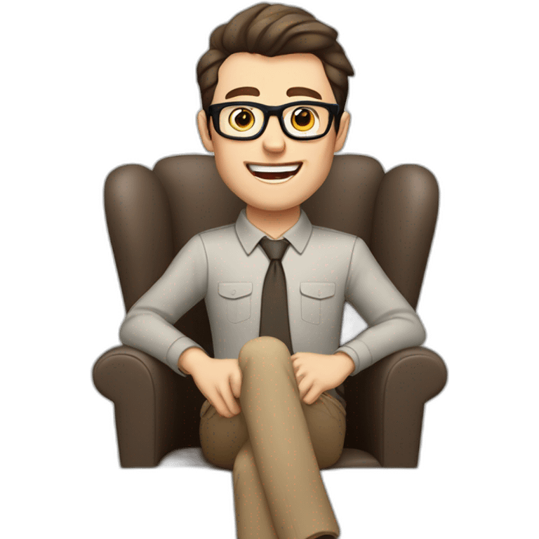 Joyful Celebrating victory Pale skinned Fit Man With dark brown hair in gray jacket, beige office shirt, Brown pants and vintage glasses sitting In a soft chair emoji