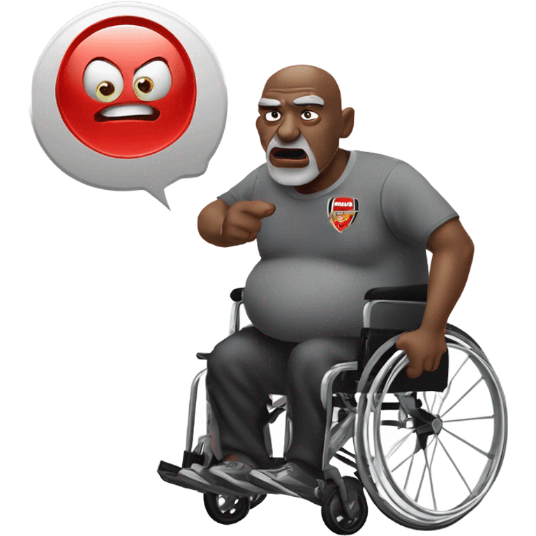 old black bald man with a protruding round pot belly in wheelchair. angry face. grey stubble. he is pointing finger in front. arsenal soccer shirt. mouth word bubble emoji