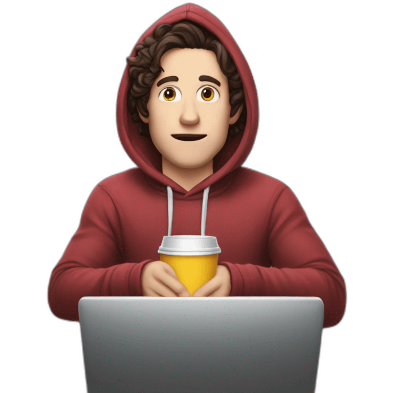 Bighead josh brener from silicon valley in hoodie sittin on a computer chair holding a big gulp emoji