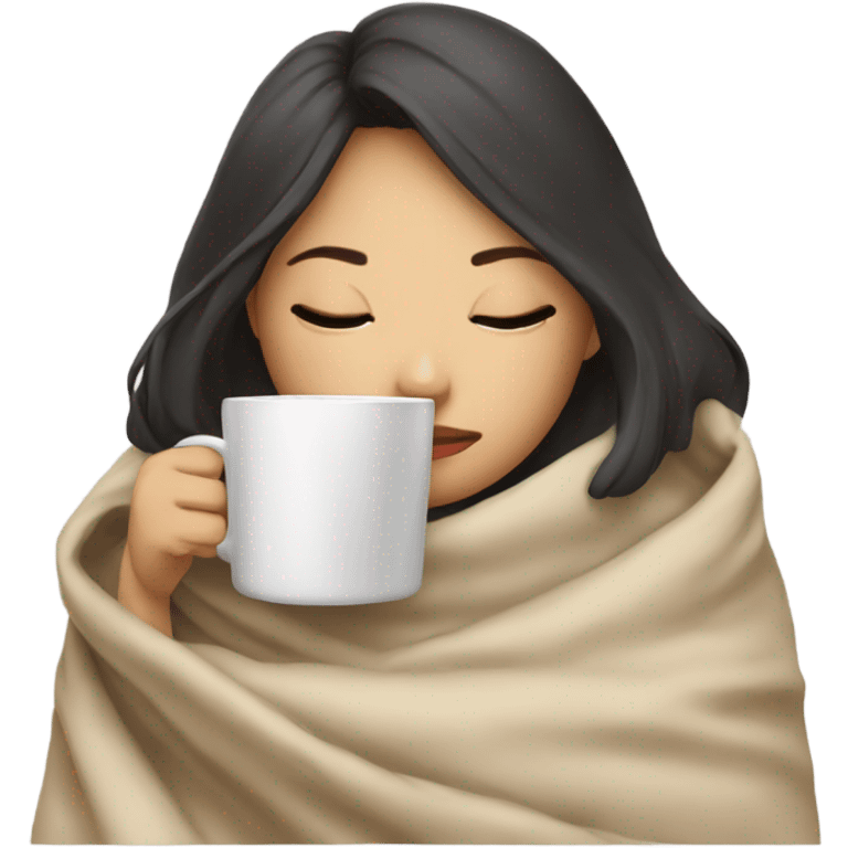 asian girl inside a blanket sipping coffee eyes closed emoji