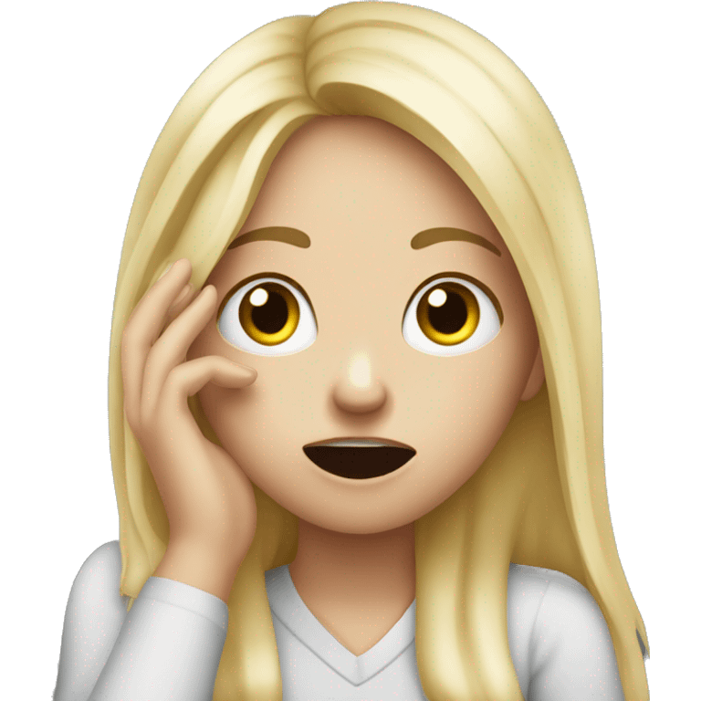 confused blonde girl with open mouth and finger on cheek emoji