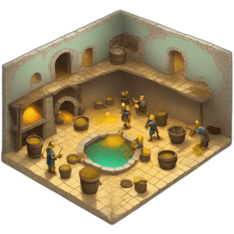 open floor plan of a medieval mint showing different people working, one person on the furnace, some people molding liquid gold into coins emoji