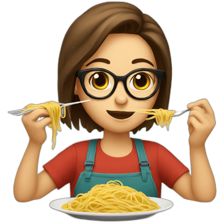 Girl with brown hair and glasses eats spaghetti emoji