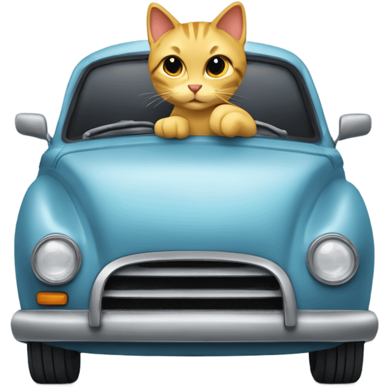 A cartoon emoji-style car with a curious cat peeking out from the open hood of the engine compartment. emoji