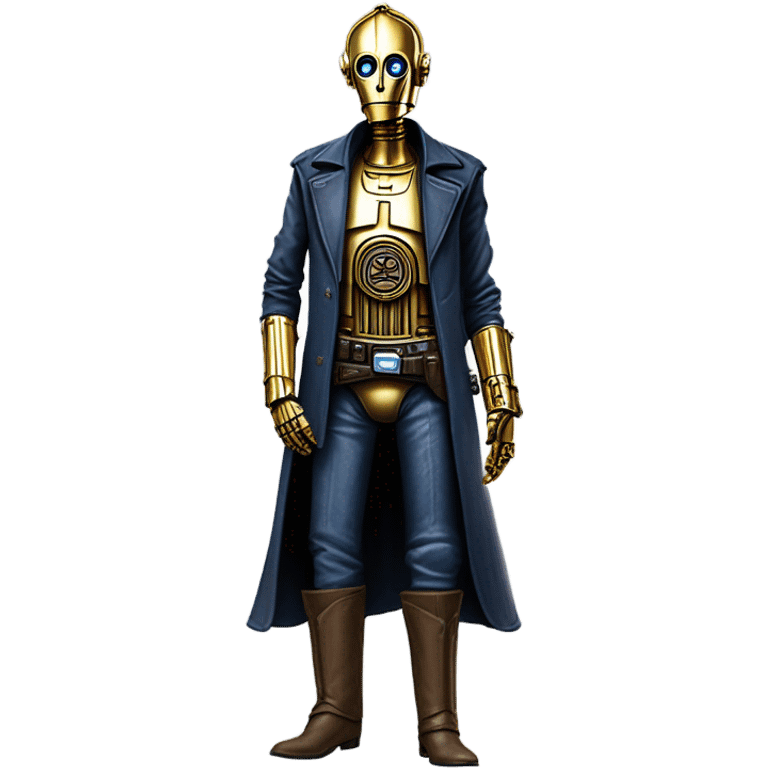 tarnished undercover tough well-equipped Jedi  life-sized darkblue-pearl C3po leather clothing pants and vest old west duster coat holding light saber sheriff emoji