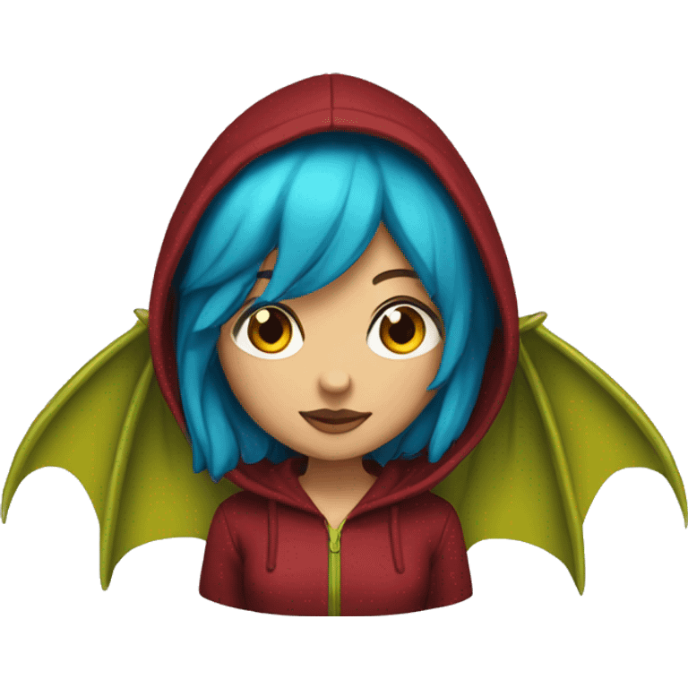 Lady with brunette and blue hair, gold, green dragon wings, maroon hoodie, and bright red eyes emoji