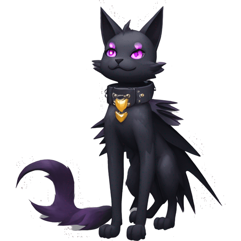 cool edgy evil beautiful pretty anthro godly legendary powerful colorful black shiny fantasy elegant nargacuga-bat-cat-Fakemon wearing a collar, techwear punk style, beautiful mane, full body emoji